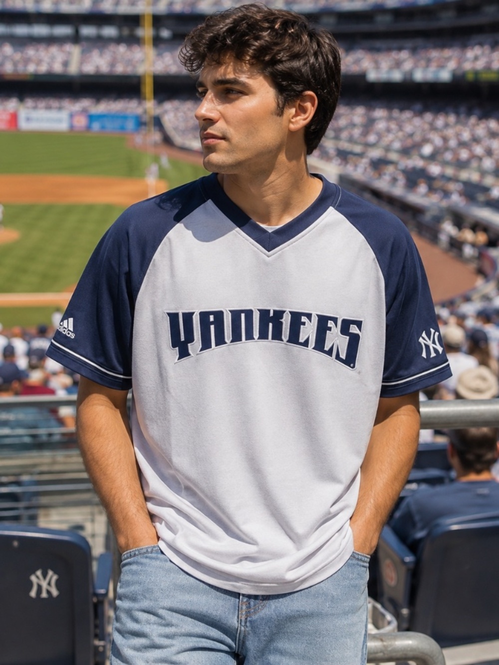 York Yankees Vintage Adidas Team 2000‎ Gray/Navy Blank Jersey Men's Size XL
